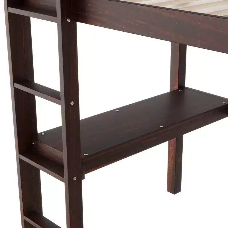 Twin Size Rubber Wood Loft Bed with Ladder, Safety Guardrail and Built-In Desk, 78.6"L x 41.4"W