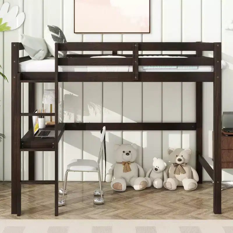 Twin Size Rubber Wood Loft Bed with Ladder, Safety Guardrail and Built-In Desk, 78.6"L x 41.4"W