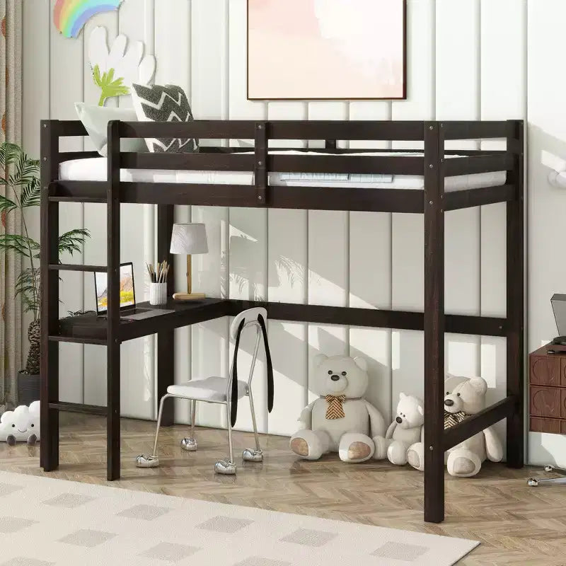 Twin Size Rubber Wood Loft Bed with Ladder, Safety Guardrail and Built-In Desk, 78.6"L x 41.4"W