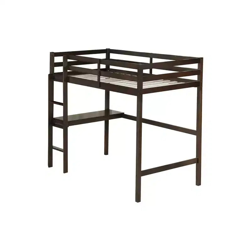 Twin Size Rubber Wood Loft Bed with Ladder, Safety Guardrail and Built-In Desk, 78.6"L x 41.4"W