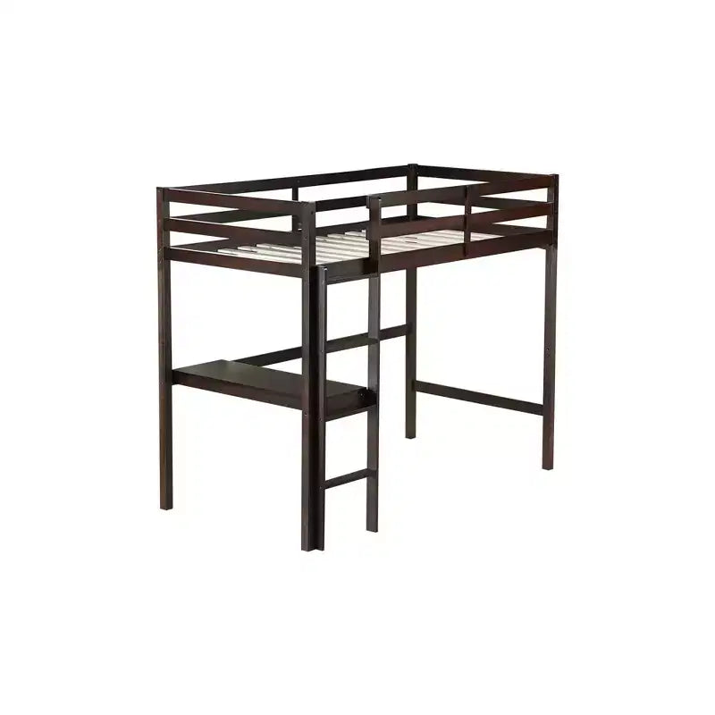 Twin Size Rubber Wood Loft Bed with Ladder, Safety Guardrail and Built-In Desk, 78.6"L x 41.4"W