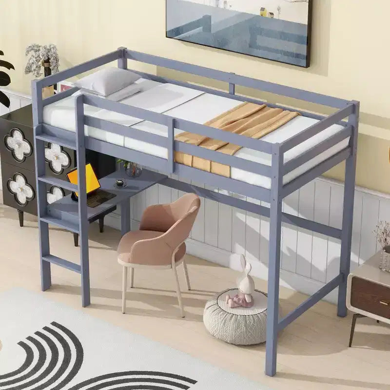 Twin Size Rubber Wood Loft Bed with Ladder, Safety Guardrail and Built-In Desk, 78.6"L x 41.4"W