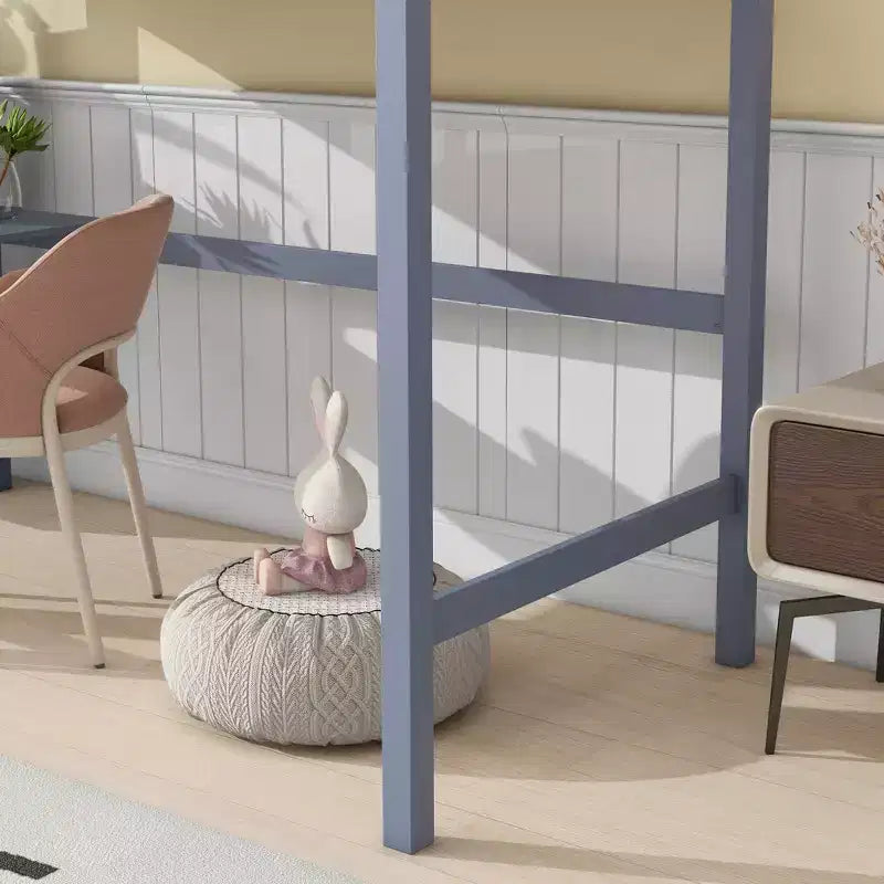 Twin Size Rubber Wood Loft Bed with Ladder, Safety Guardrail and Built-In Desk, 78.6"L x 41.4"W