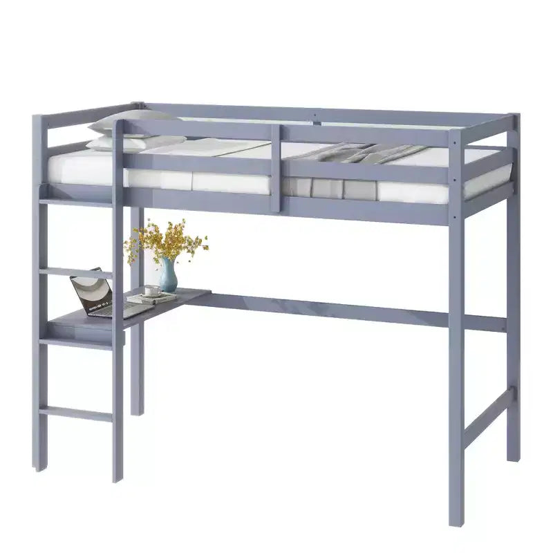 Twin Size Rubber Wood Loft Bed with Ladder, Safety Guardrail and Built-In Desk, 78.6"L x 41.4"W
