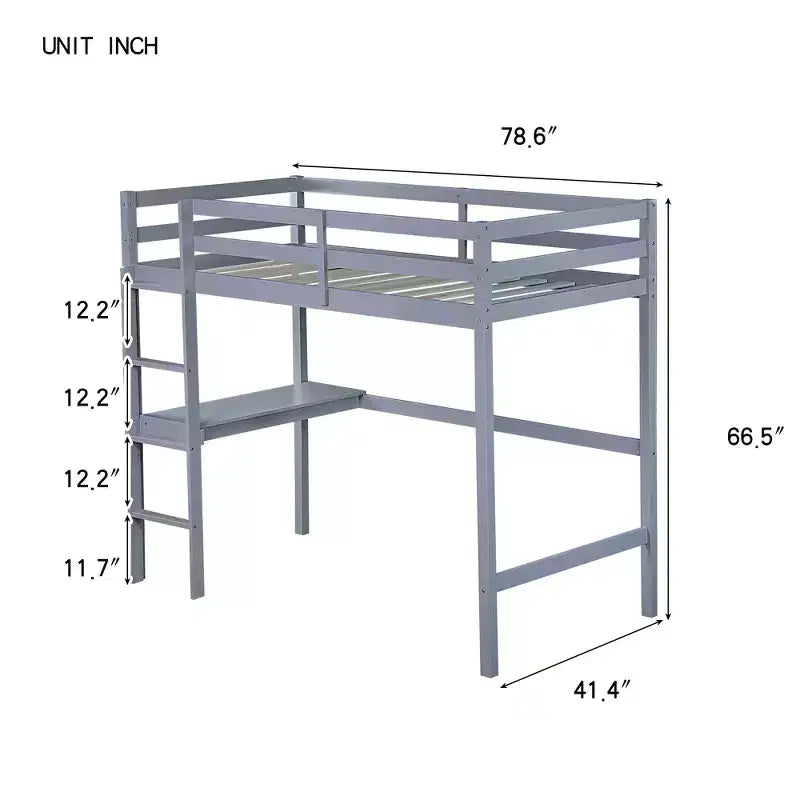 Twin Size Rubber Wood Loft Bed with Ladder, Safety Guardrail and Built-In Desk, 78.6"L x 41.4"W