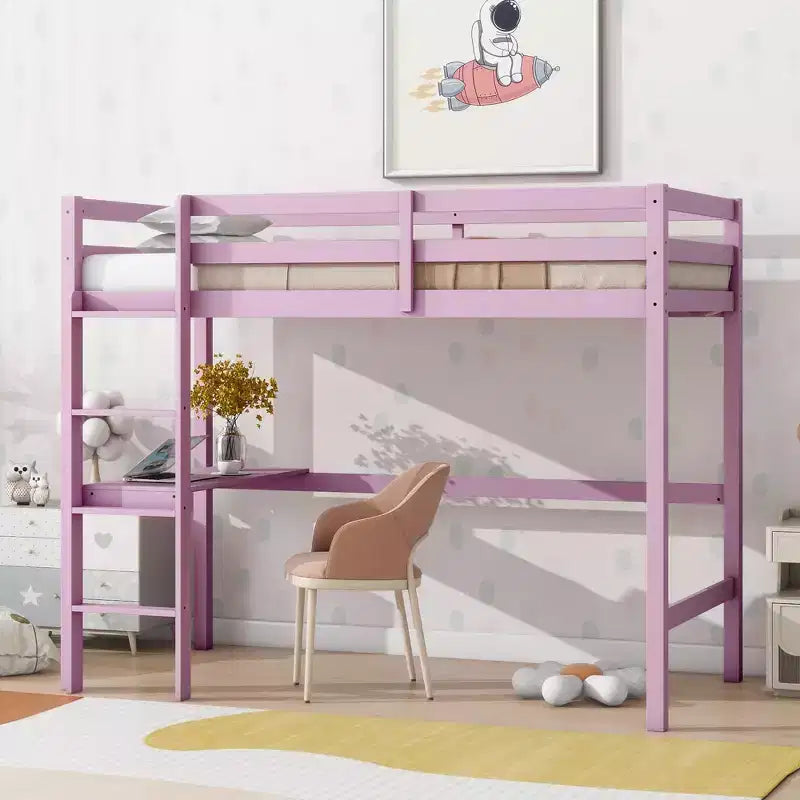 Twin Size Rubber Wood Loft Bed with Ladder, Safety Guardrail and Built-In Desk, 78.6"L x 41.4"W