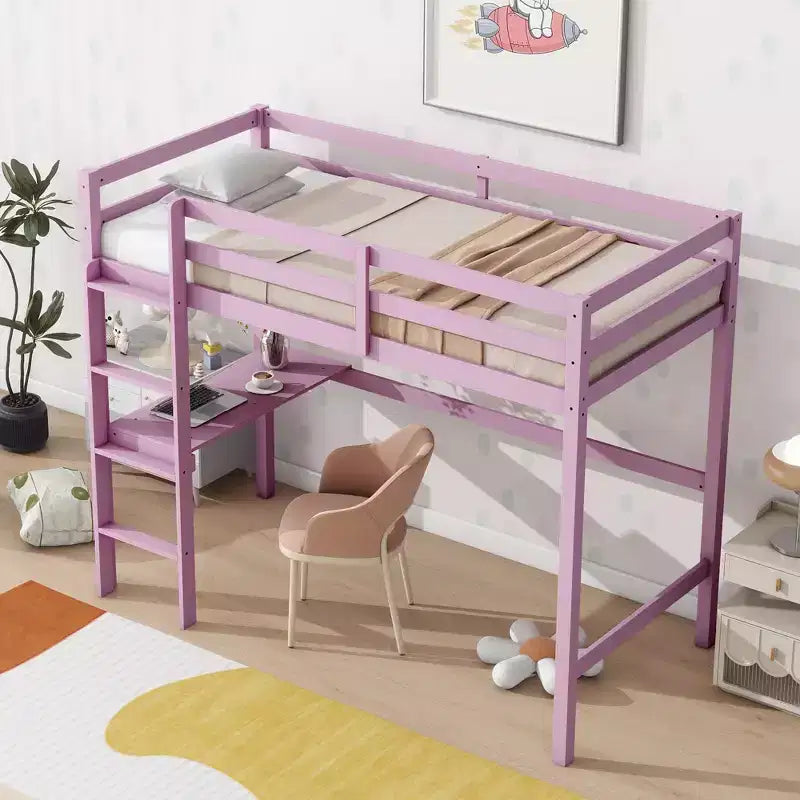 Twin Size Rubber Wood Loft Bed with Ladder, Safety Guardrail and Built-In Desk, 78.6"L x 41.4"W