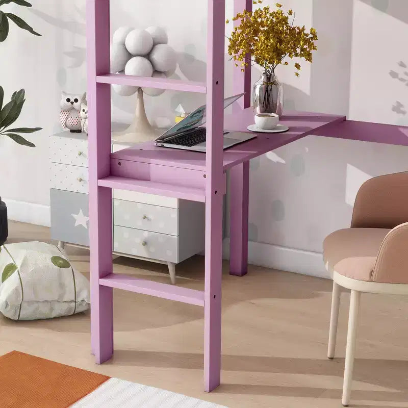 Twin Size Rubber Wood Loft Bed with Ladder, Safety Guardrail and Built-In Desk, 78.6"L x 41.4"W