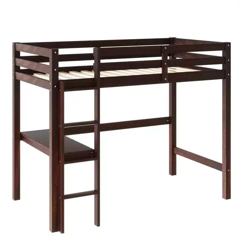 Twin Size Rubber Wood Loft Bed with Ladder, Safety Guardrail and Built-In Desk, 78.6"L x 41.4"W