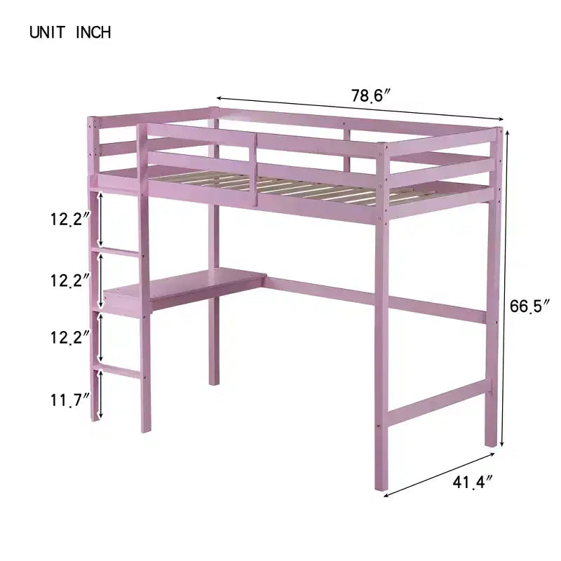 Twin Size Rubber Wood Loft Bed with Ladder, Safety Guardrail and Built-In Desk, 78.6"L x 41.4"W