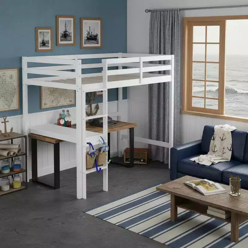 Twin Size Rubber Wood Loft Bed with Ladder, Safety Guardrail and Built-In Desk, 78.6"L x 41.4"W