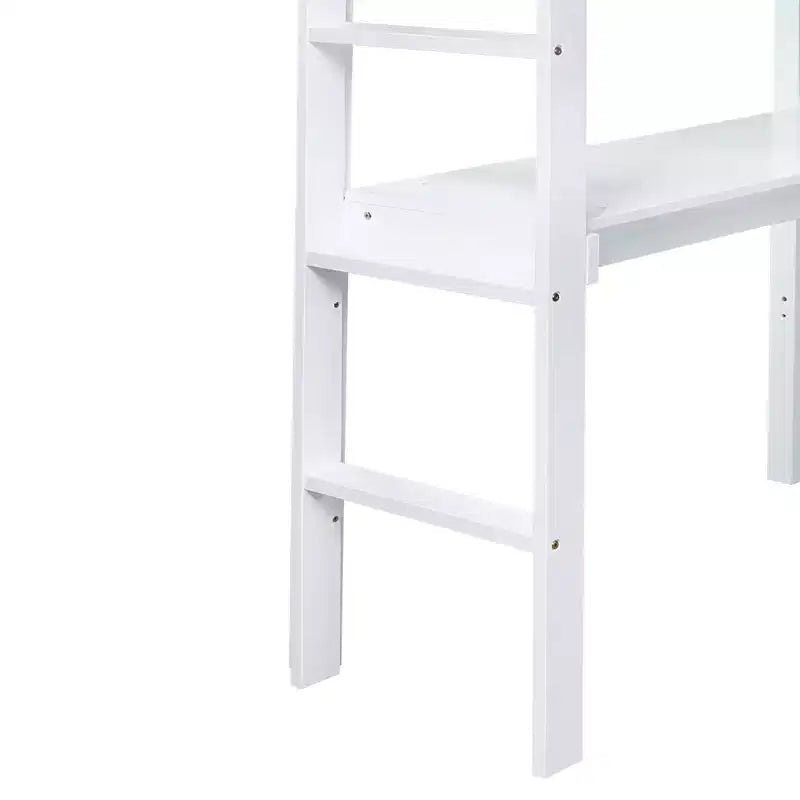 Twin Size Rubber Wood Loft Bed with Ladder, Safety Guardrail and Built-In Desk, 78.6"L x 41.4"W