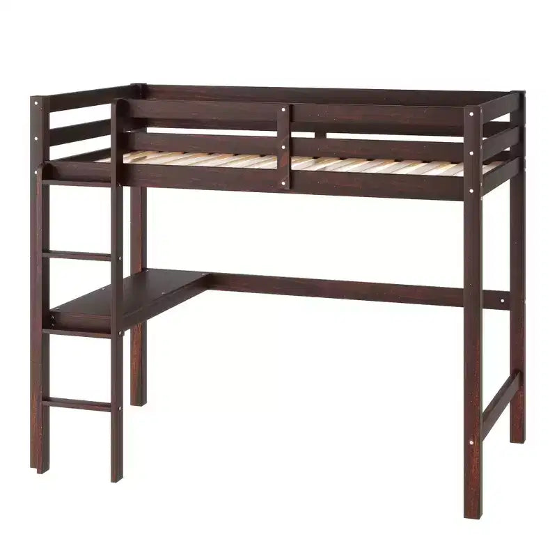 Twin Size Rubber Wood Loft Bed with Ladder, Safety Guardrail and Built-In Desk, 78.6"L x 41.4"W