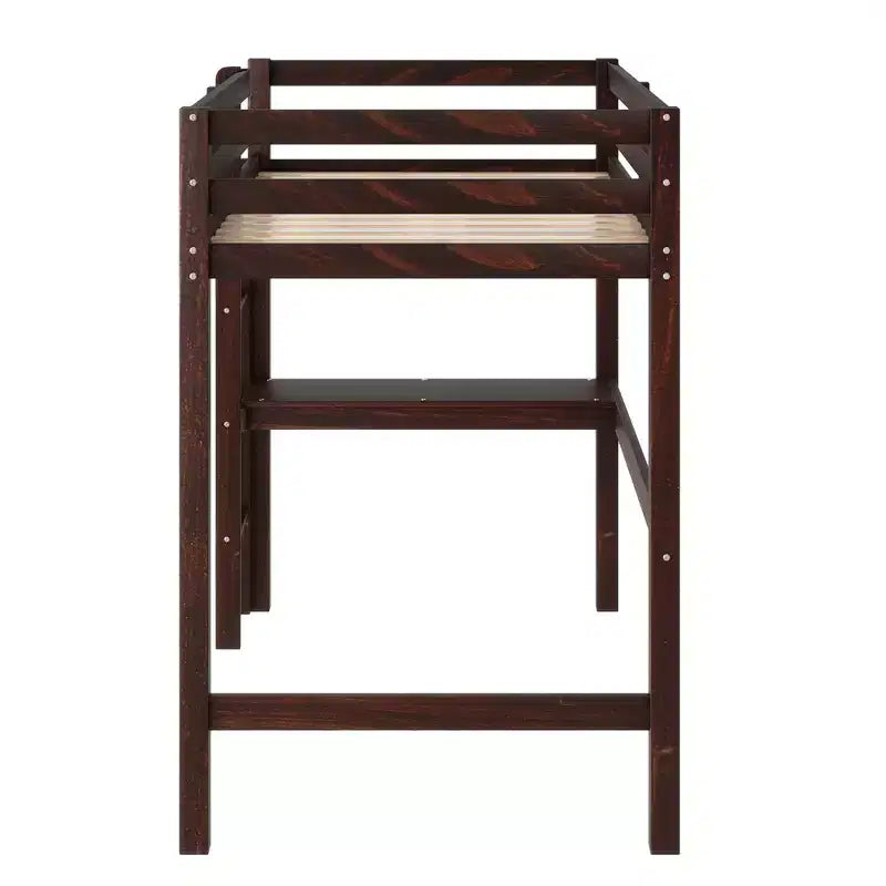 Twin Size Rubber Wood Loft Bed with Ladder, Safety Guardrail and Built-In Desk, 78.6"L x 41.4"W