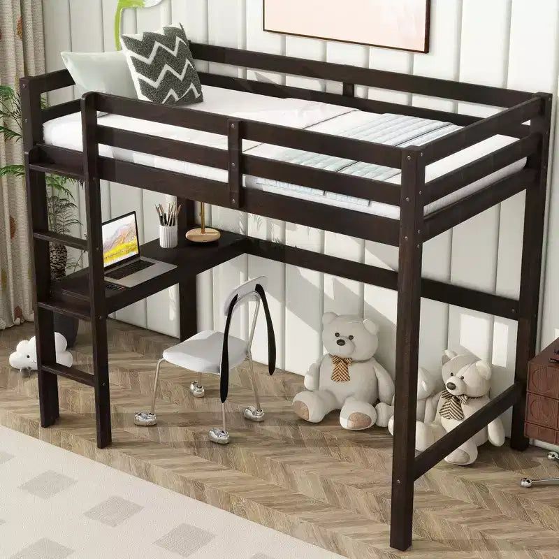 Twin Size Rubber Wood Loft Bed with Ladder, Safety Guardrail and Built-In Desk, 78.6"L x 41.4"W