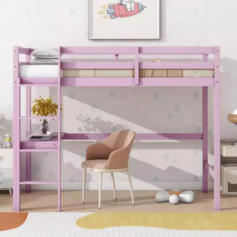 Twin Size Rubber Wood Loft Bed with Ladder, Safety Guardrail and Built-In Desk, 78.6"L x 41.4"W