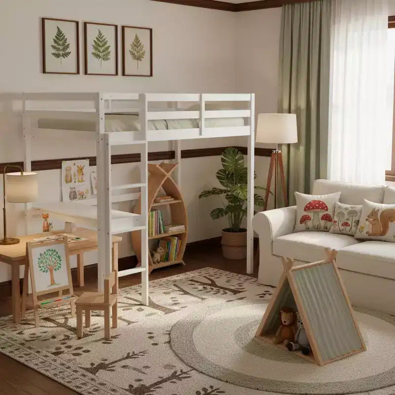 Twin Size Rubber Wood Loft Bed with Ladder, Safety Guardrail and Built-In Desk, 78.6"L x 41.4"W