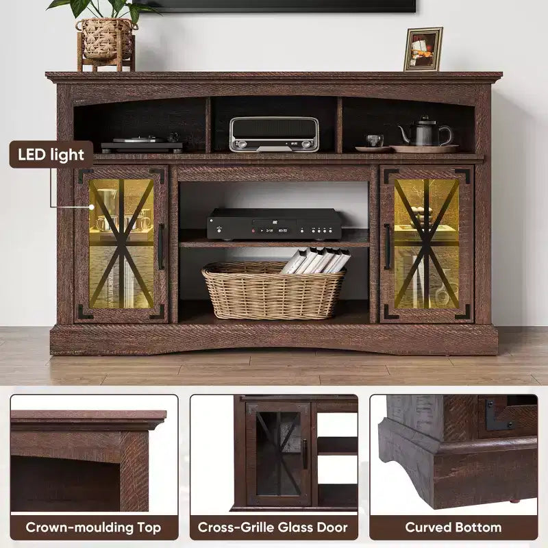 55" TV Stand with Glass Doors & LED Lights, Entertainment Center with Adjustable Shelves for 23" Fireplace