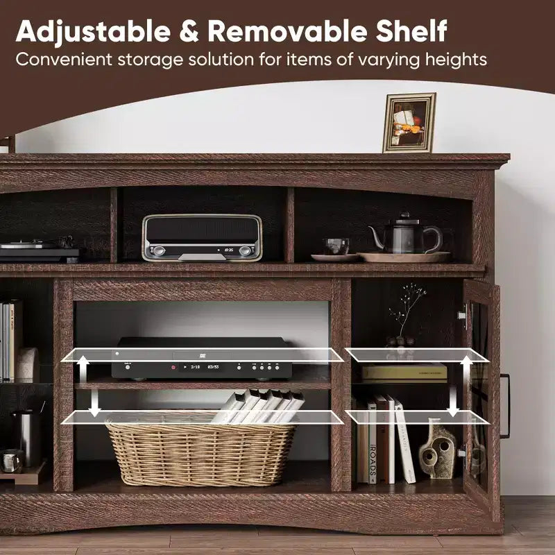 55" TV Stand with Glass Doors & LED Lights, Entertainment Center with Adjustable Shelves for 23" Fireplace