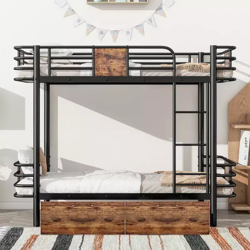 Twin XL over Twin XL Metal Bunk Bed with 2 Storage Drawers, Ladder and Safety Guardrails, Black/Silver