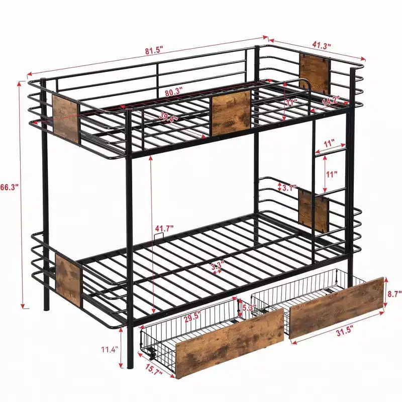Twin XL over Twin XL Metal Bunk Bed with 2 Storage Drawers, Ladder and Safety Guardrails, Black/Silver