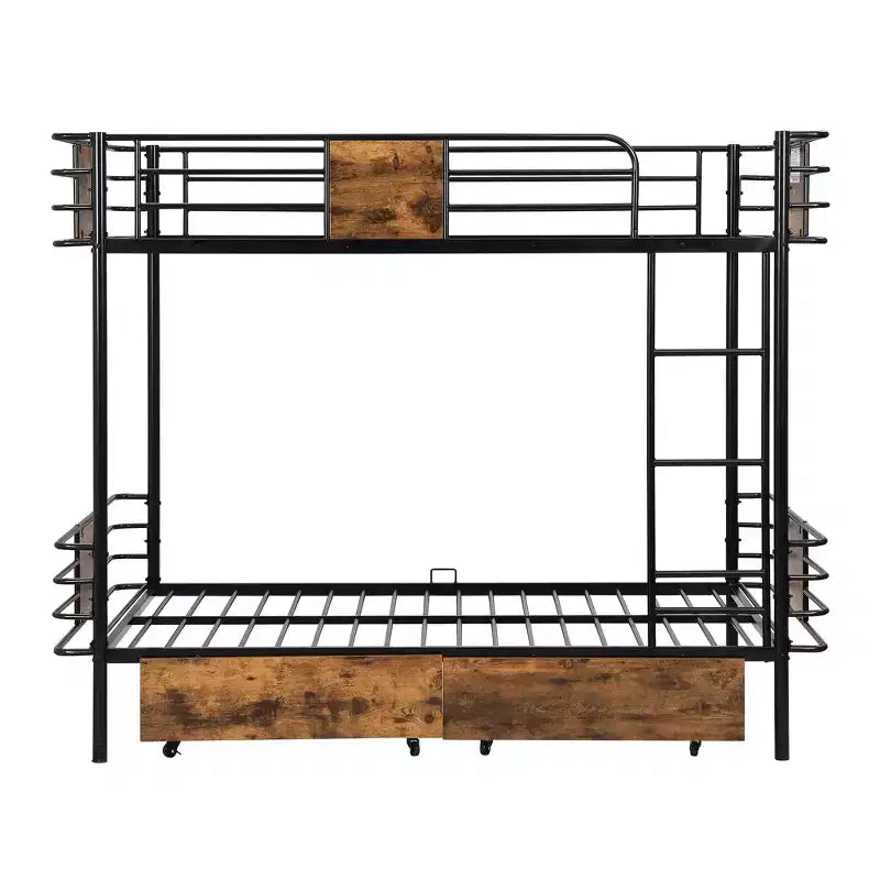 Twin XL over Twin XL Metal Bunk Bed with 2 Storage Drawers, Ladder and Safety Guardrails, Black/Silver