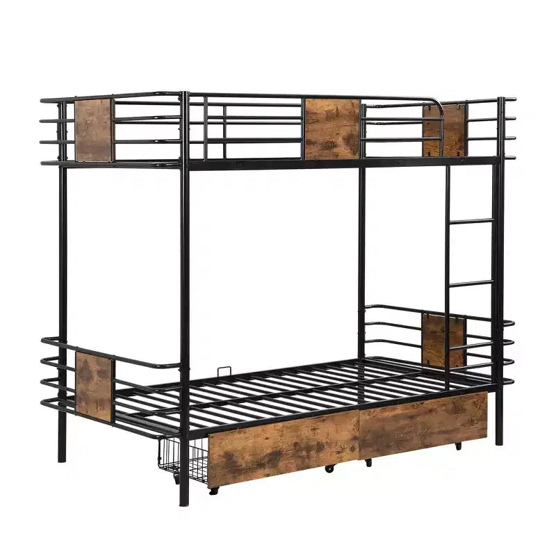 Twin XL over Twin XL Metal Bunk Bed with 2 Storage Drawers, Ladder and Safety Guardrails, Black/Silver