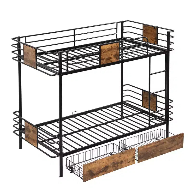Twin XL over Twin XL Metal Bunk Bed with 2 Storage Drawers, Ladder and Safety Guardrails, Black/Silver