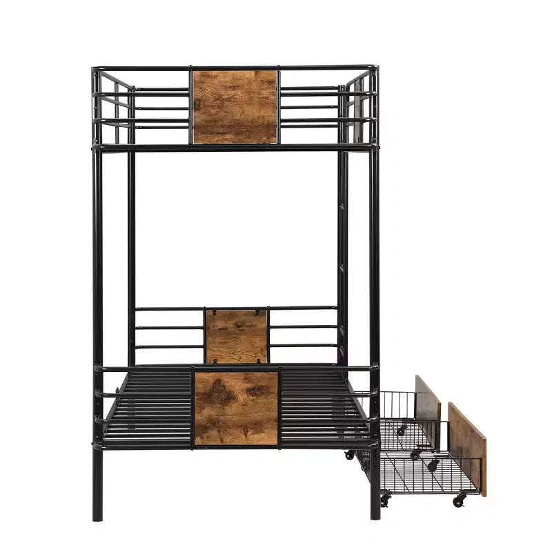 Twin XL over Twin XL Metal Bunk Bed with 2 Storage Drawers, Ladder and Safety Guardrails, Black/Silver