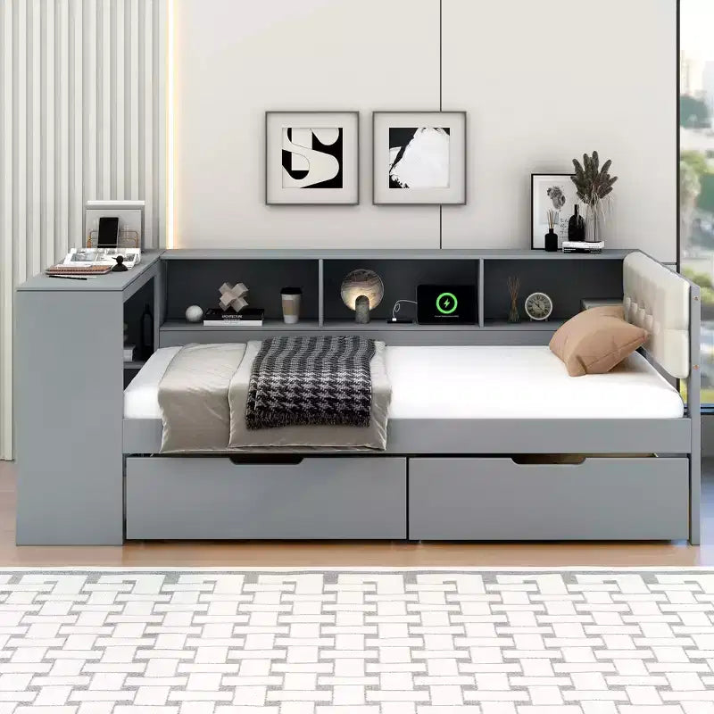 Twin/Full Size Platform Bed with Storage Shelves, Drawers, Charging Station, Upholstered Headboard and Desk, Cream/Gray