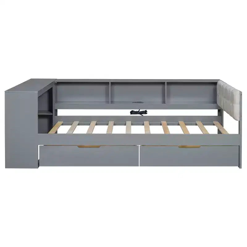 Twin/Full Size Platform Bed with Storage Shelves, Drawers, Charging Station, Upholstered Headboard and Desk, Cream/Gray