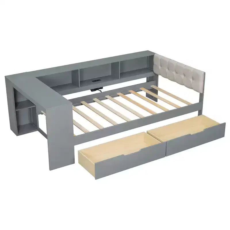 Twin/Full Size Platform Bed with Storage Shelves, Drawers, Charging Station, Upholstered Headboard and Desk, Cream/Gray