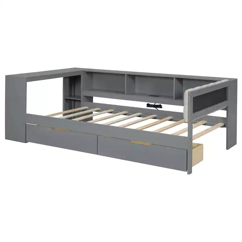Twin/Full Size Platform Bed with Storage Shelves, Drawers, Charging Station, Upholstered Headboard and Desk, Cream/Gray