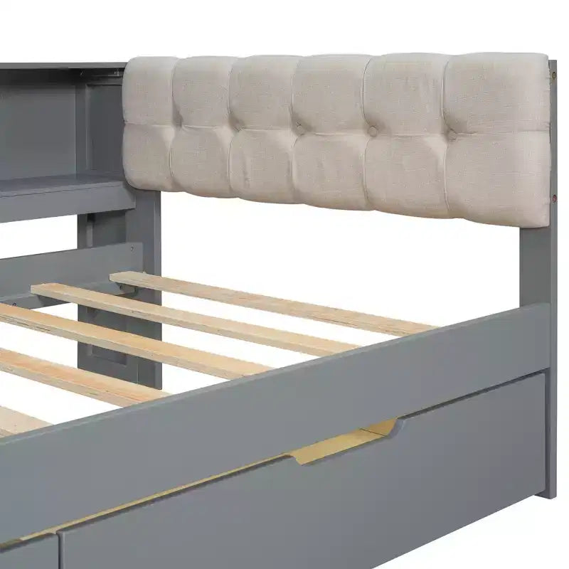 Twin/Full Size Platform Bed with Storage Shelves, Drawers, Charging Station, Upholstered Headboard and Desk, Cream/Gray