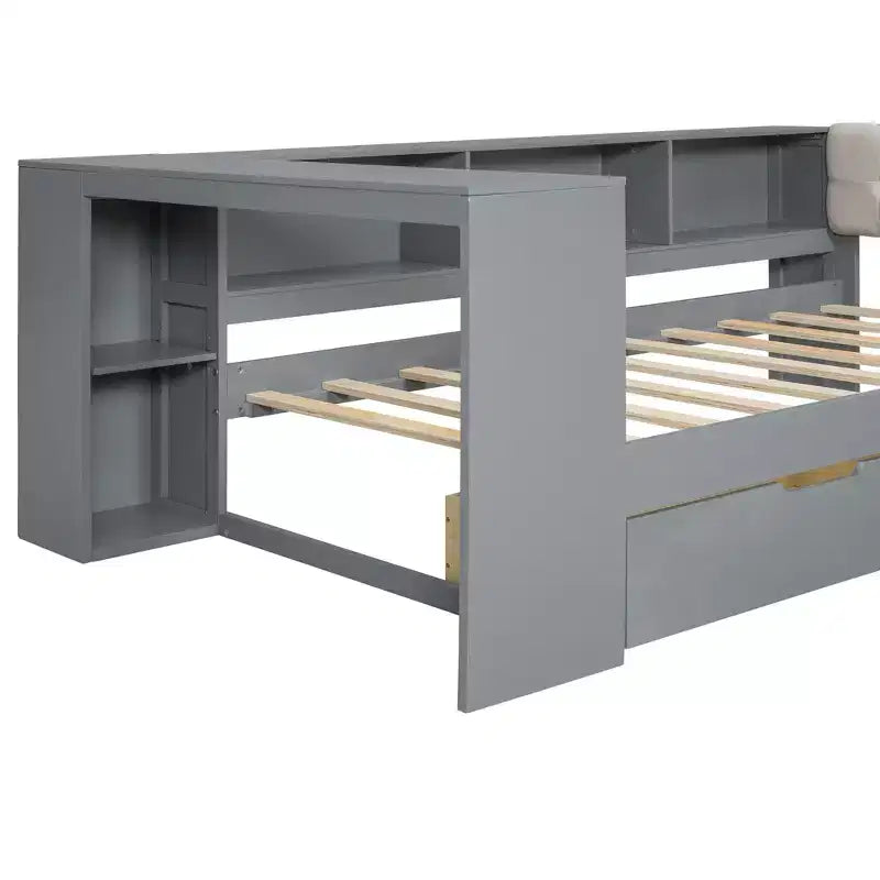 Twin/Full Size Platform Bed with Storage Shelves, Drawers, Charging Station, Upholstered Headboard and Desk, Cream/Gray