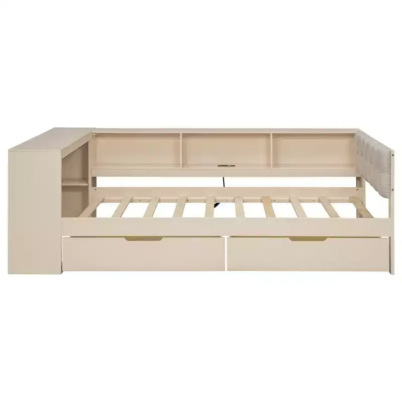 Twin/Full Size Platform Bed with Storage Shelves, Drawers, Charging Station, Upholstered Headboard and Desk, Cream/Gray