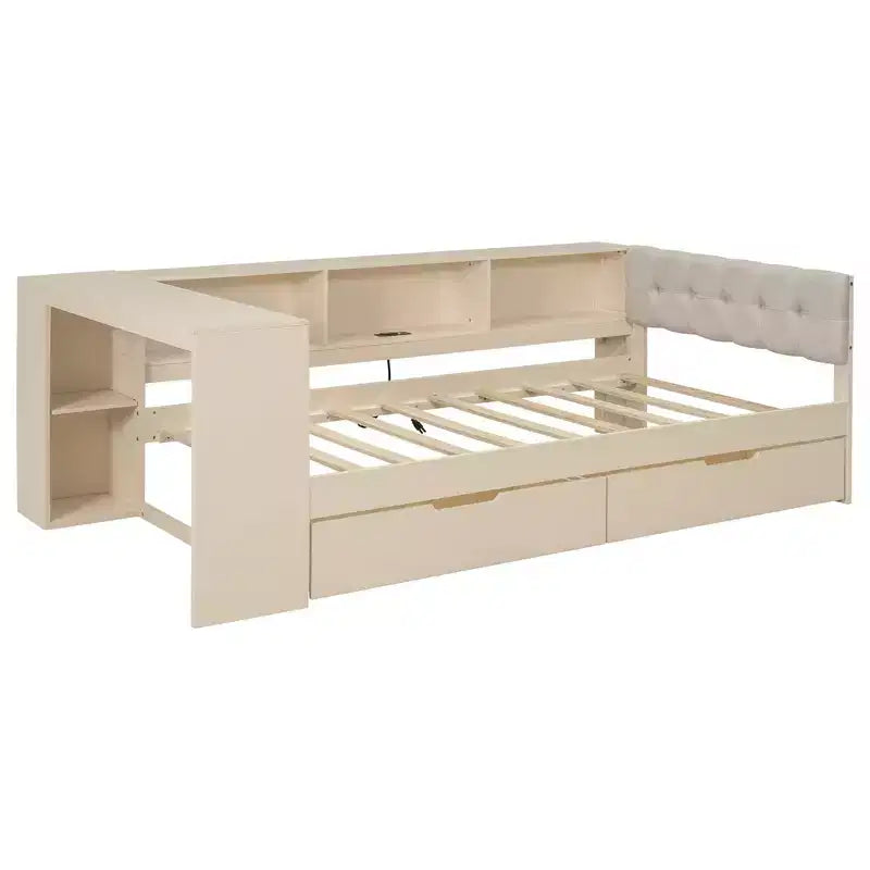 Twin/Full Size Platform Bed with Storage Shelves, Drawers, Charging Station, Upholstered Headboard and Desk, Cream/Gray