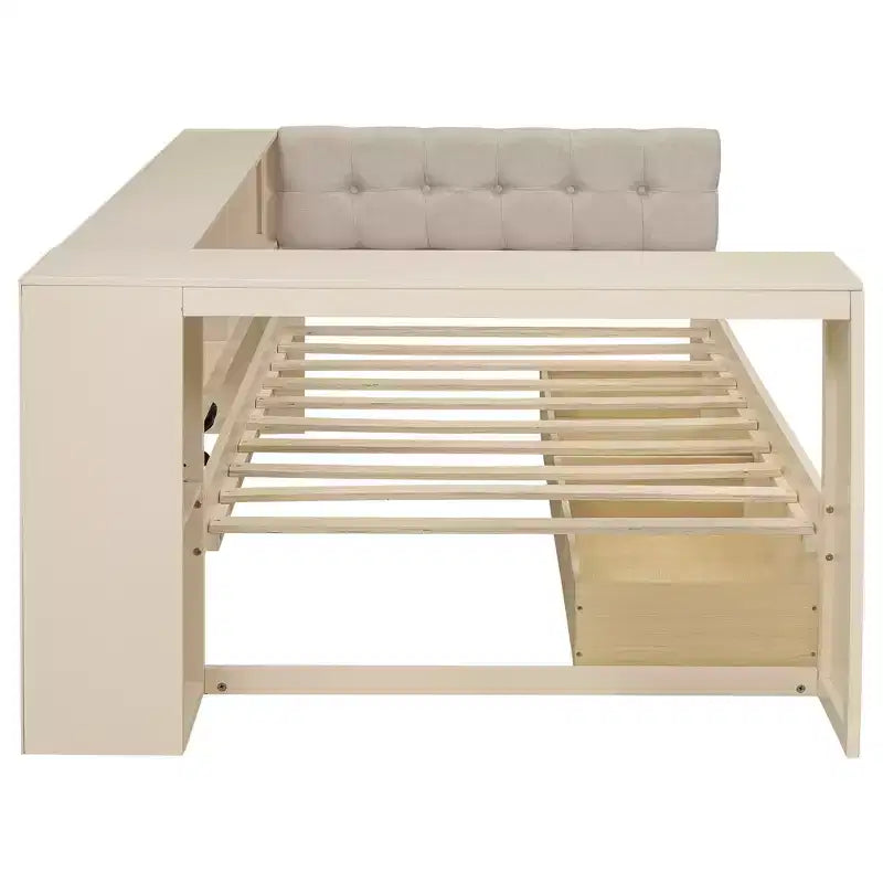 Twin/Full Size Platform Bed with Storage Shelves, Drawers, Charging Station, Upholstered Headboard and Desk, Cream/Gray
