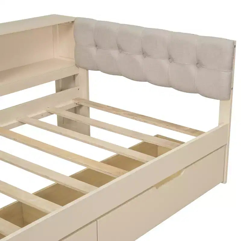 Twin/Full Size Platform Bed with Storage Shelves, Drawers, Charging Station, Upholstered Headboard and Desk, Cream/Gray