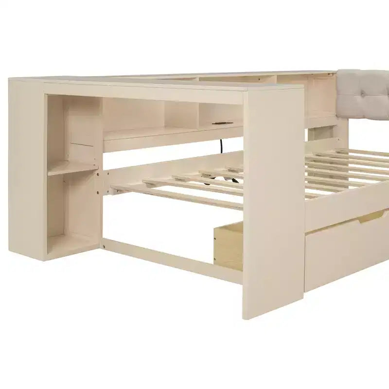 Twin/Full Size Platform Bed with Storage Shelves, Drawers, Charging Station, Upholstered Headboard and Desk, Cream/Gray