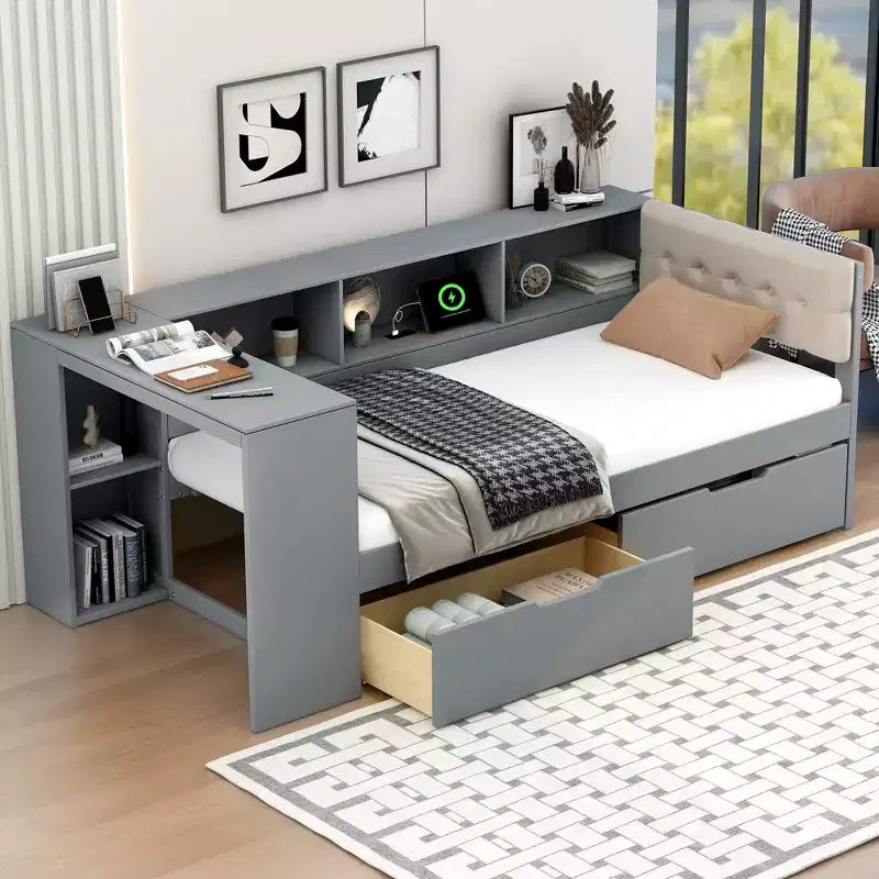 Twin/Full Size Platform Bed with Storage Shelves, Drawers, Charging Station, Upholstered Headboard and Desk, Cream/Gray