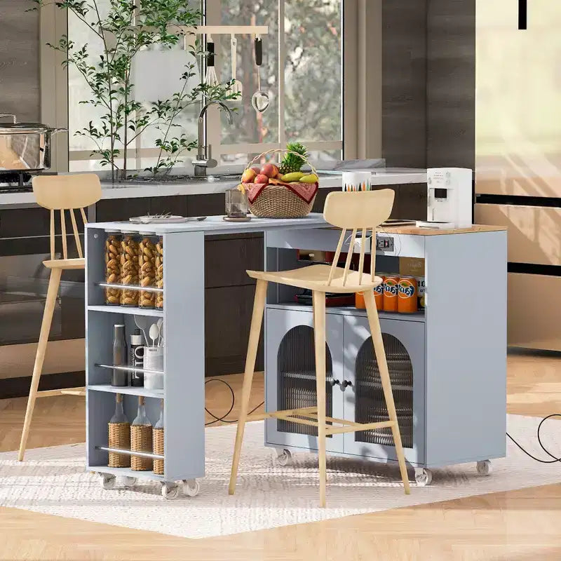 White Rolling Kitchen Island on Wheels with Extended Table Storage Compartment and Side 3 Open Shelves for Kitchen Dining Room