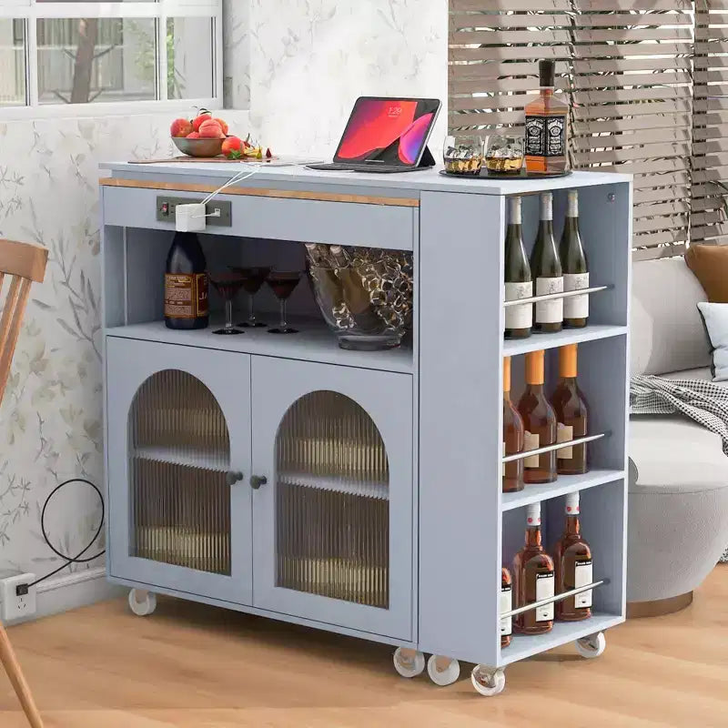 White Rolling Kitchen Island on Wheels with Extended Table Storage Compartment and Side 3 Open Shelves for Kitchen Dining Room