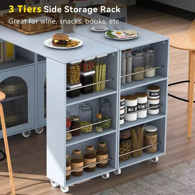 White Rolling Kitchen Island on Wheels with Extended Table Storage Compartment and Side 3 Open Shelves for Kitchen Dining Room