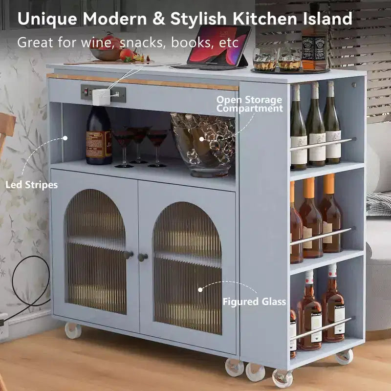 White Rolling Kitchen Island on Wheels with Extended Table Storage Compartment and Side 3 Open Shelves for Kitchen Dining Room