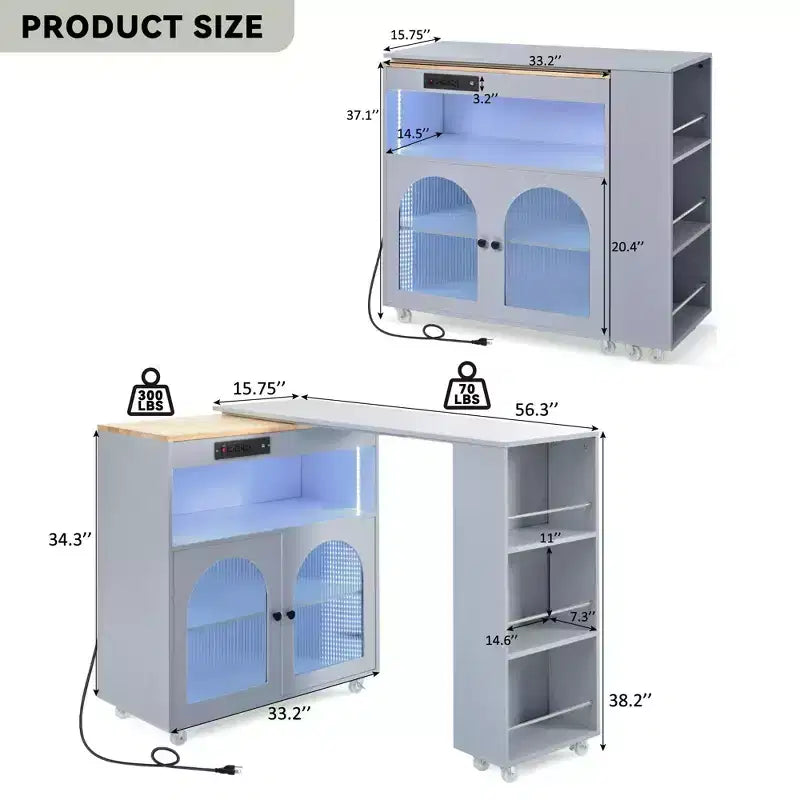 White Rolling Kitchen Island on Wheels with Extended Table Storage Compartment and Side 3 Open Shelves for Kitchen Dining Room