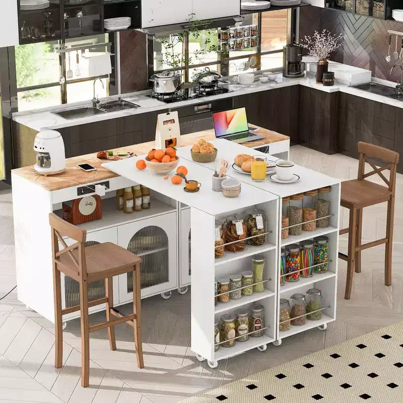 White Rolling Kitchen Island on Wheels with Extended Table Storage Compartment and Side 3 Open Shelves for Kitchen Dining Room