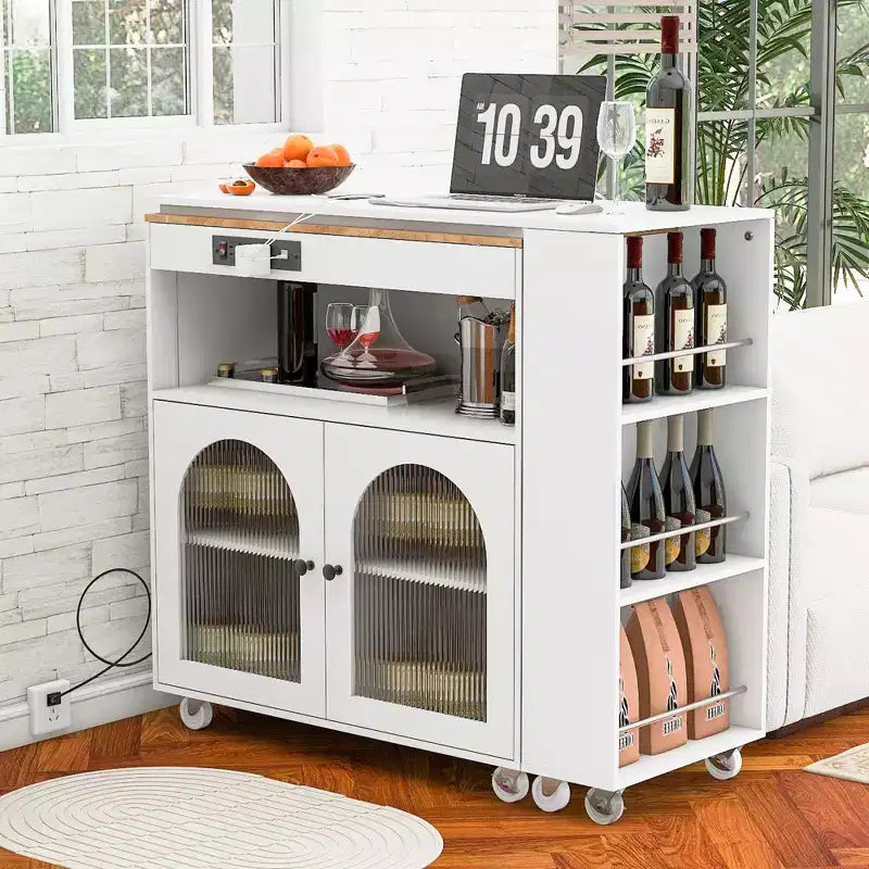 White Rolling Kitchen Island on Wheels with Extended Table Storage Compartment and Side 3 Open Shelves for Kitchen Dining Room