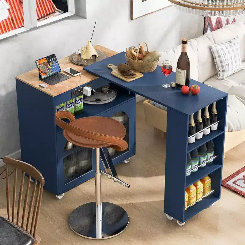 White Rolling Kitchen Island on Wheels with Extended Table Storage Compartment and Side 3 Open Shelves for Kitchen Dining Room