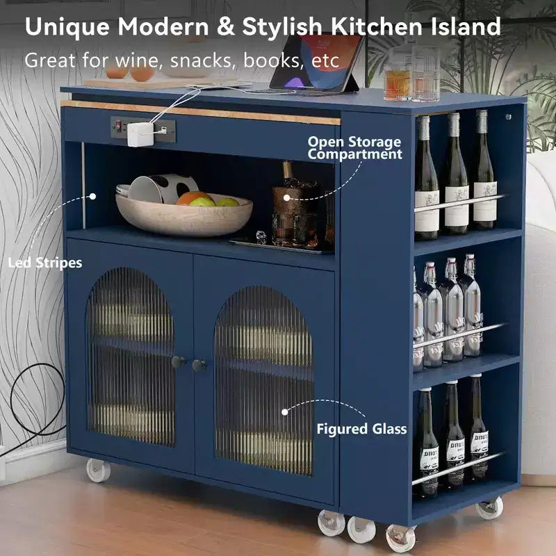 White Rolling Kitchen Island on Wheels with Extended Table Storage Compartment and Side 3 Open Shelves for Kitchen Dining Room